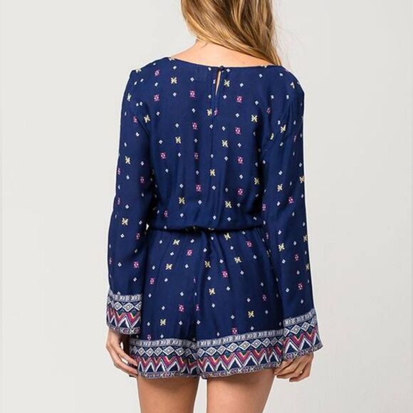 Roxy Boho Navy Medallion Print Surplice Front Flowy Romper - Picture 2 of 14